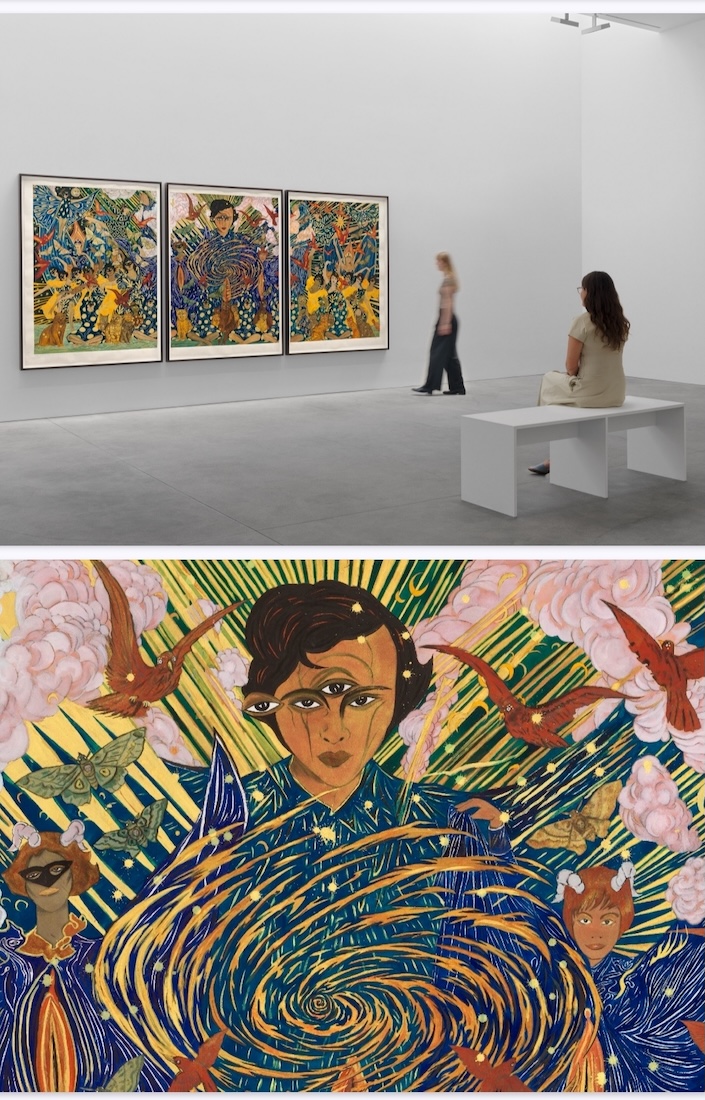 Marcel DzamaI never came from your rib you came from my vagina, 2025 Pearlescent acrylic, ink, watercolor, and graphite on paper Triptych Overall: 73 7/8 x 169 1/4 x 2 1/4 inches 187.6 x 429.3 x 5.7 cm